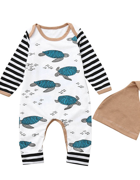 Baby Boy Tortoise Striped Romper Jumpsuit Hat