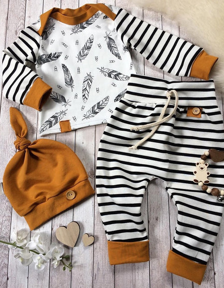 Baby Boy Feather T shirt Tops Striped Pants Outfits Set
