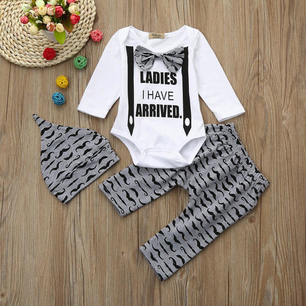 Baby Boys Letter Clothes Set Romper+Pants+Hat Outfits