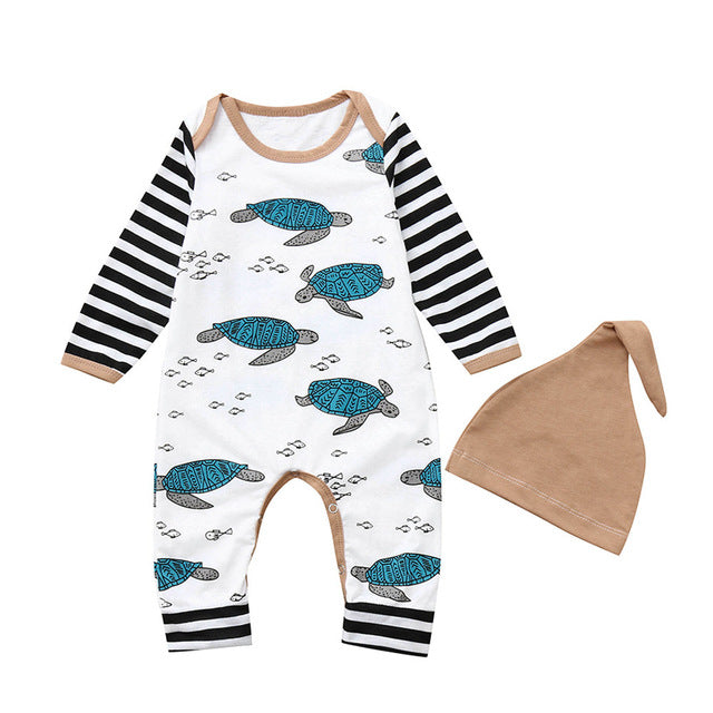Baby Boy Tortoise Striped Romper Jumpsuit Hat