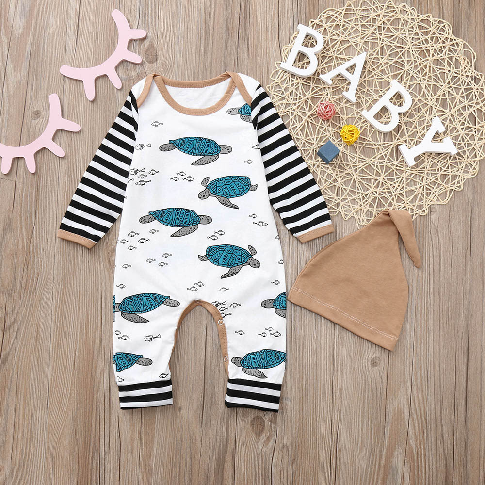 Baby Boy Tortoise Striped Romper Jumpsuit Hat