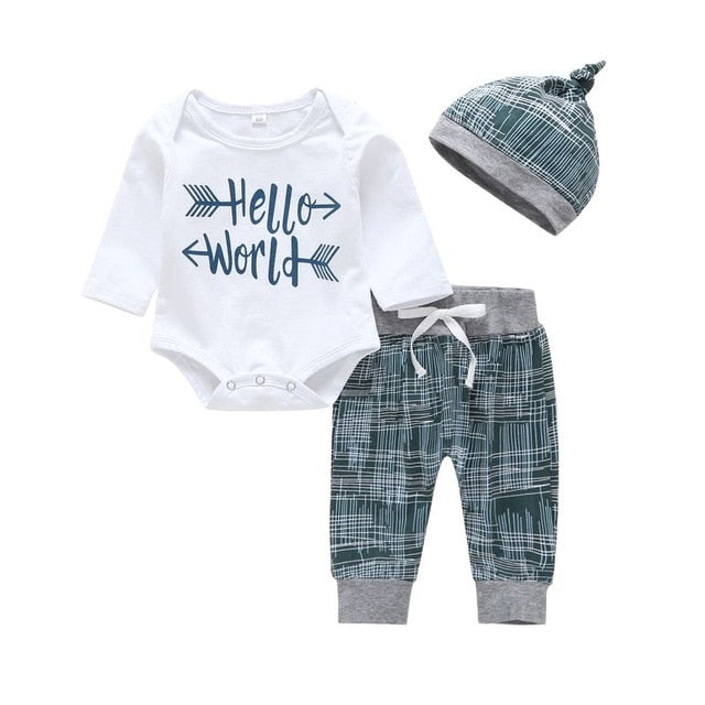Baby Boys Clothing Set Cotton Long Sleeve Romper Tops Pant Hat sets