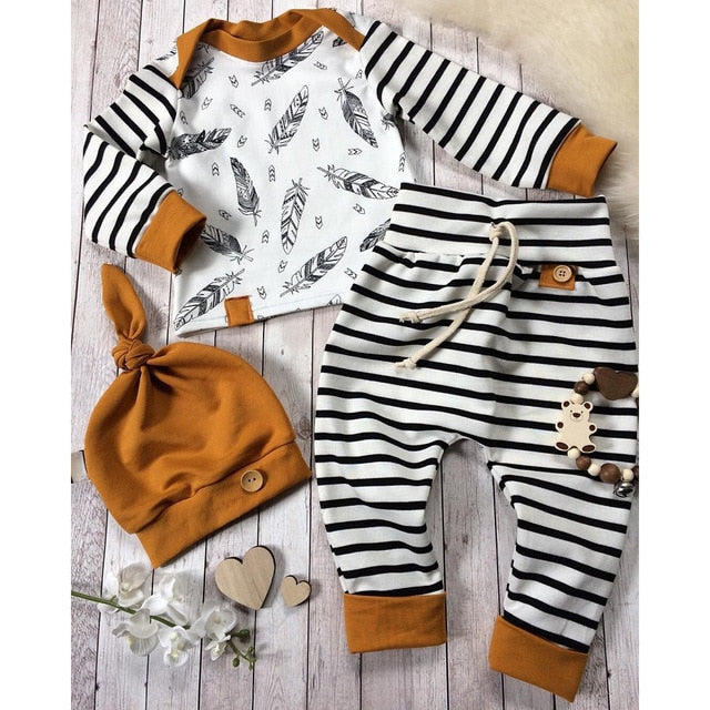 Baby Boy Feather T shirt Tops Striped Pants Outfits Set