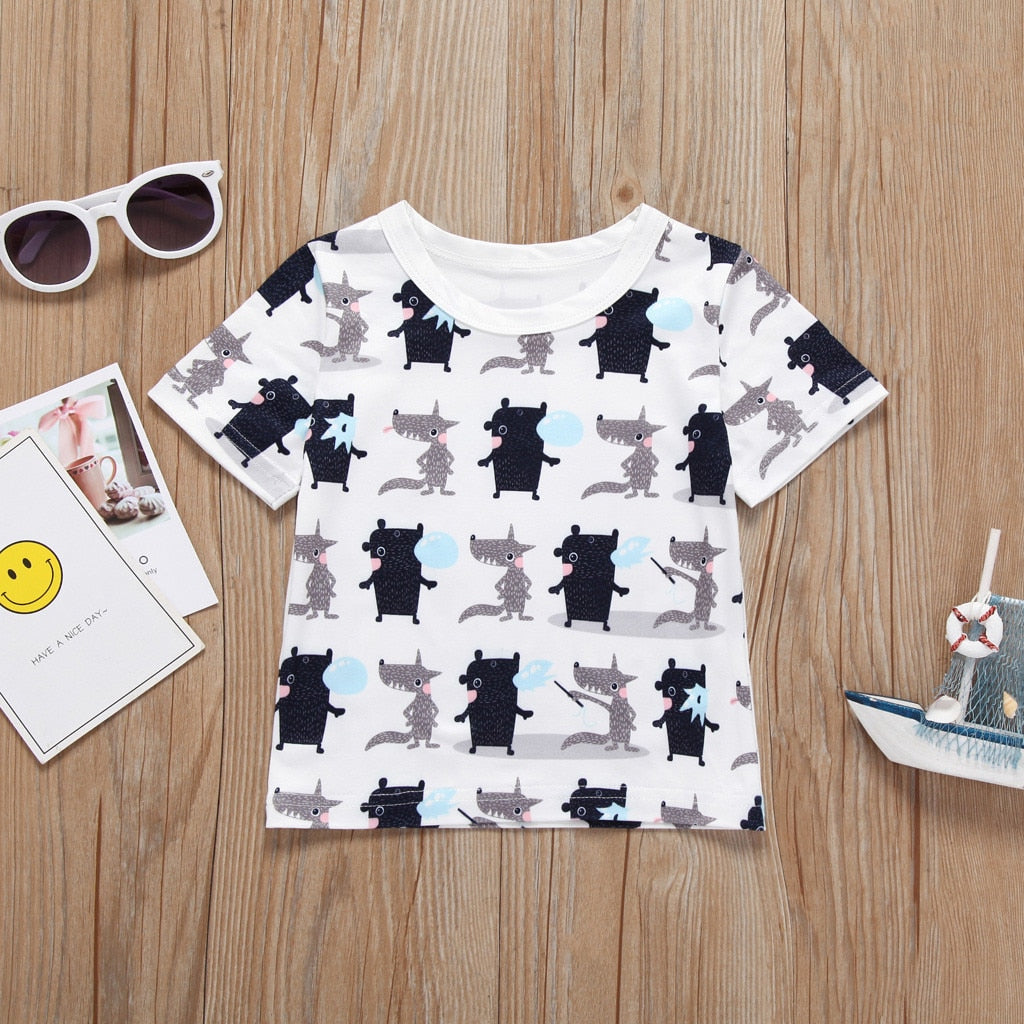 Kids Boys Short Sleeve Cotton Shirt Cats Pattern