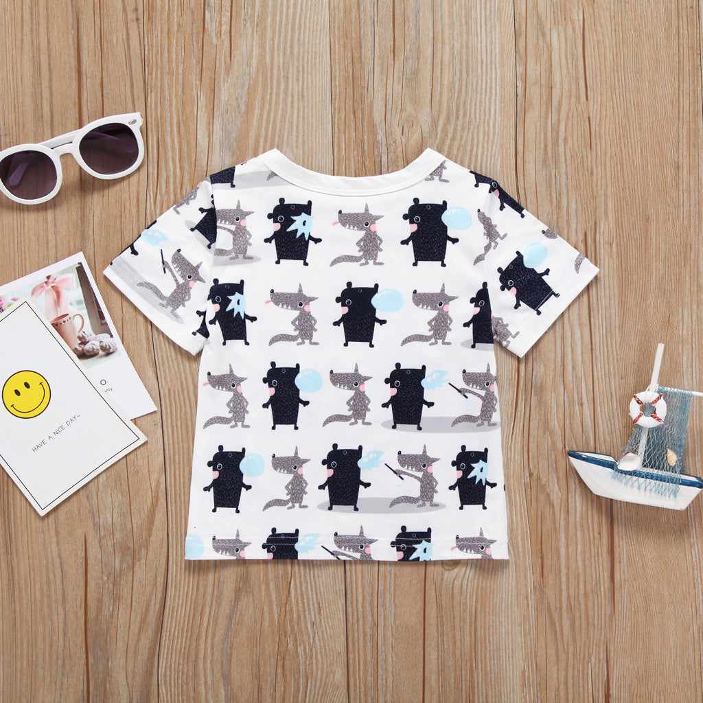 Kids Boys Short Sleeve Cotton Shirt Cats Pattern
