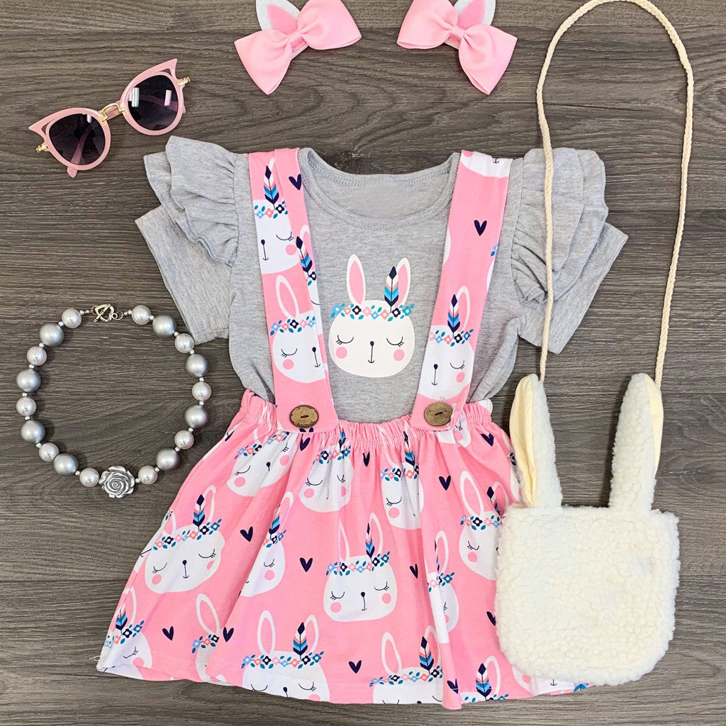 Baby Girls Clothes Fashion Rabbit Print T shirt+Suspender Skirt Girls Outfits