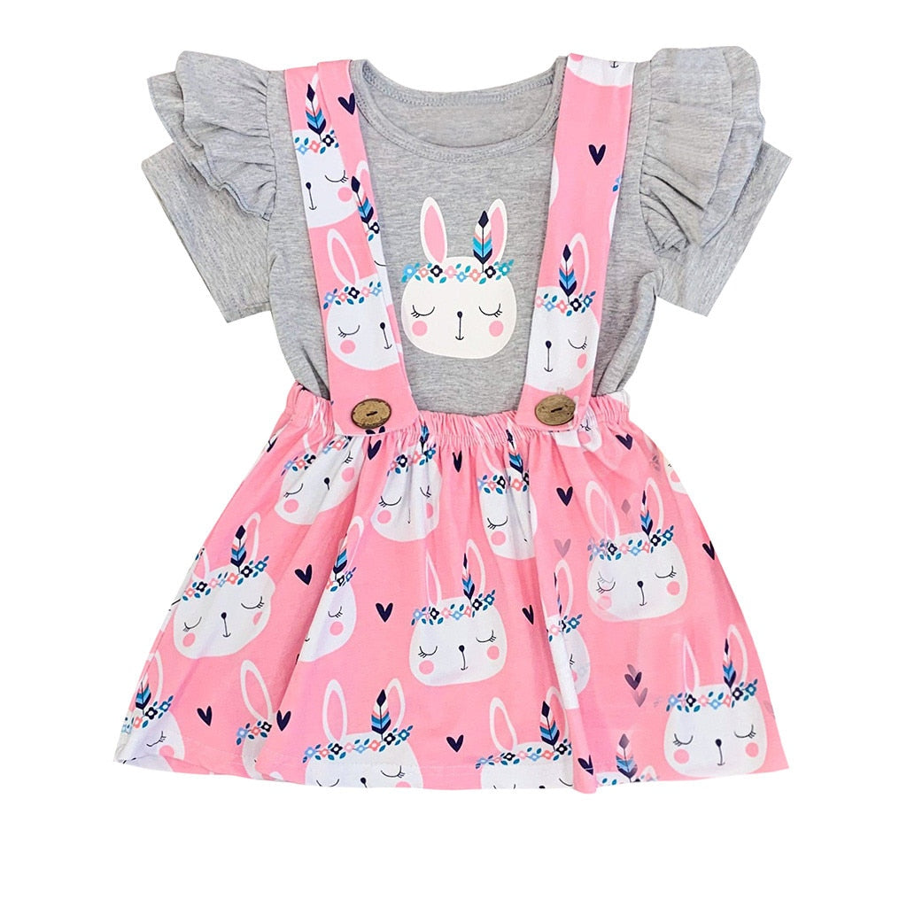 Baby Girls Clothes Fashion Rabbit Print T shirt+Suspender Skirt Girls Outfits