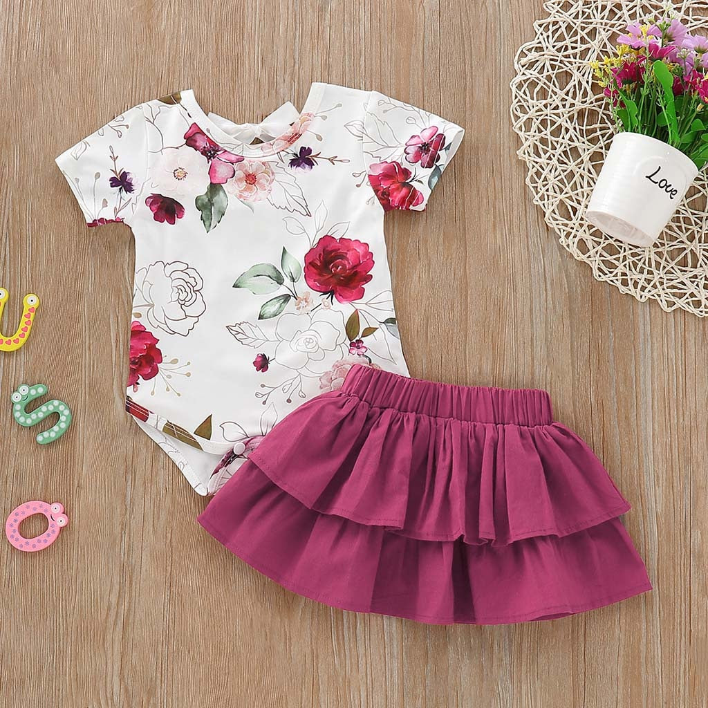 Baby Girls Clothes Sets Flower Short Sleeve and Ruffles Skirt